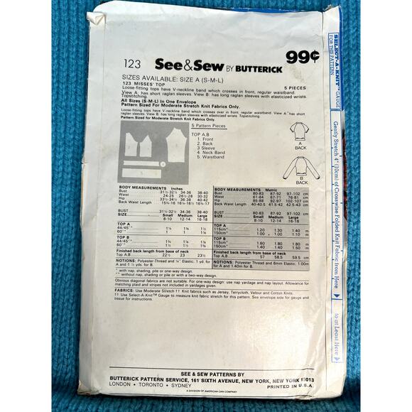 Butterick Sewing pattern 123 pullover top V neck size S M L - Picture 3 of 5